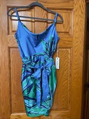 Siena Blue & Green Tropical Print Tie-Waist Dress